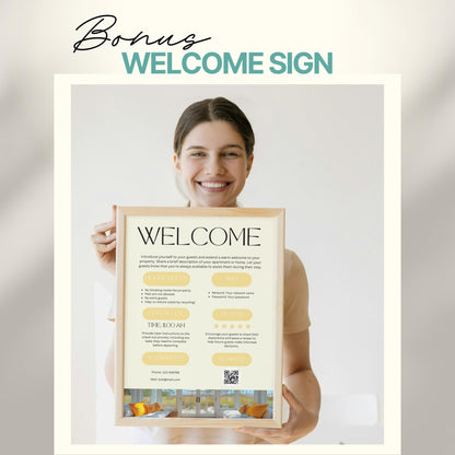 A smiling woman holds a framed "Welcome" sign designed for Airbnb or short-term rental guests. The sign includes sections for house rules, WiFi details, check-out time, review encouragement, and host contact information.