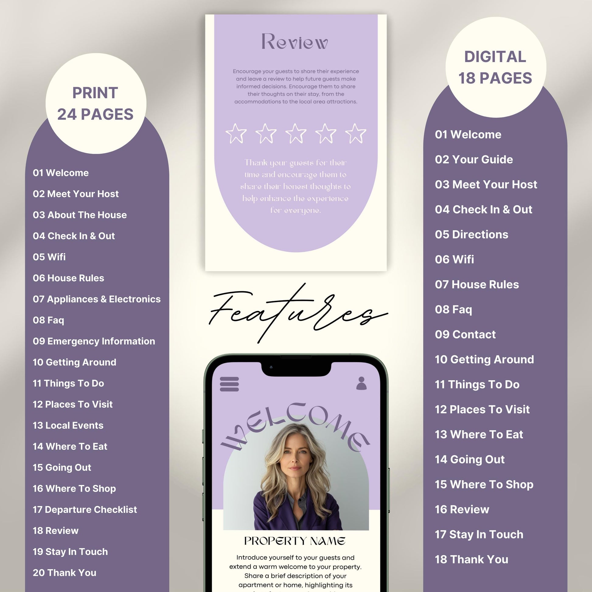 A promotional layout for a Airbnb Welcome Book template. The image displays various page samples including sections like “Review,” “Things To Do,” “Let’s Stay In Touch,” and “Before You Go.”