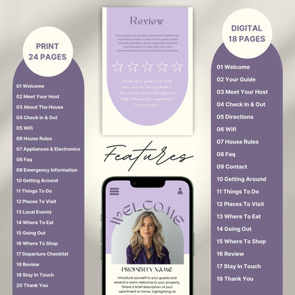 A promotional layout for a Airbnb Welcome Book template. The image displays various page samples including sections like “Review,” “Things To Do,” “Let’s Stay In Touch,” and “Before You Go.”