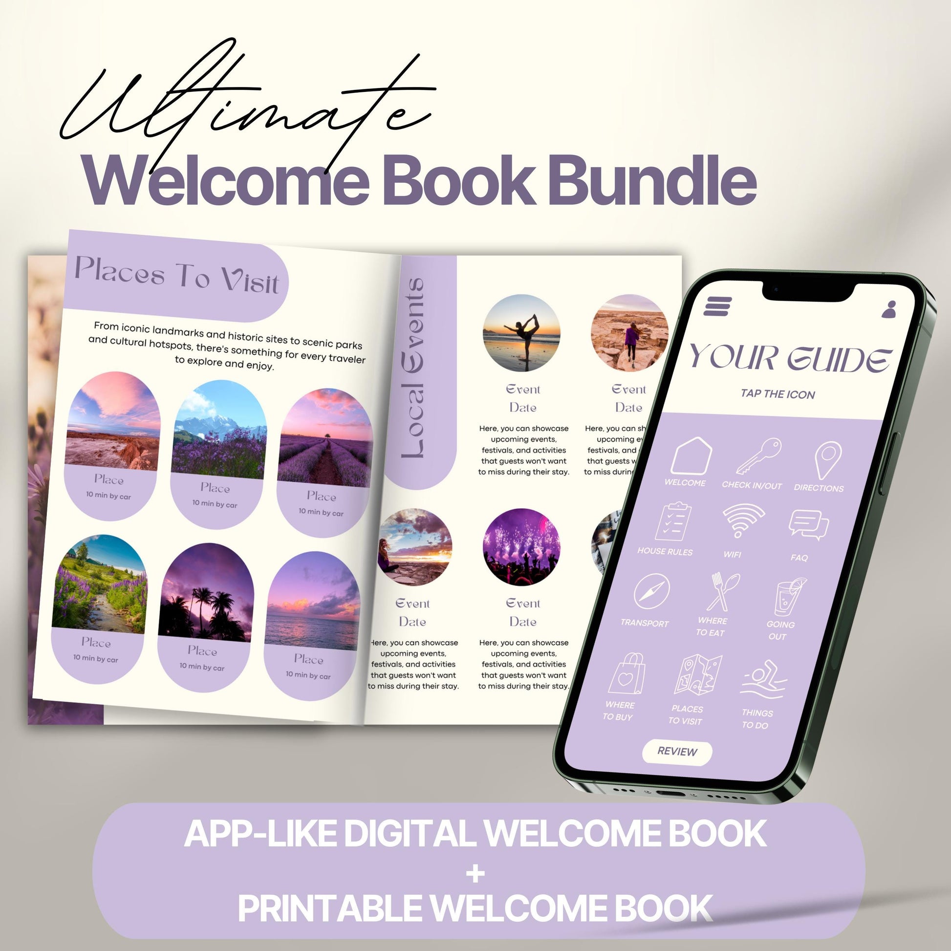Promotional image for the “Ultimate Welcome Book Bundle.” The image displays an open printed welcome book featuring pages titled “Places To Visit” and “Local Events,” filled with scenic images and event descriptions.