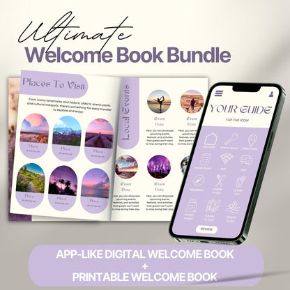 Promotional image for the “Ultimate Welcome Book Bundle.” The image displays an open printed welcome book featuring pages titled “Places To Visit” and “Local Events,” filled with scenic images and event descriptions.