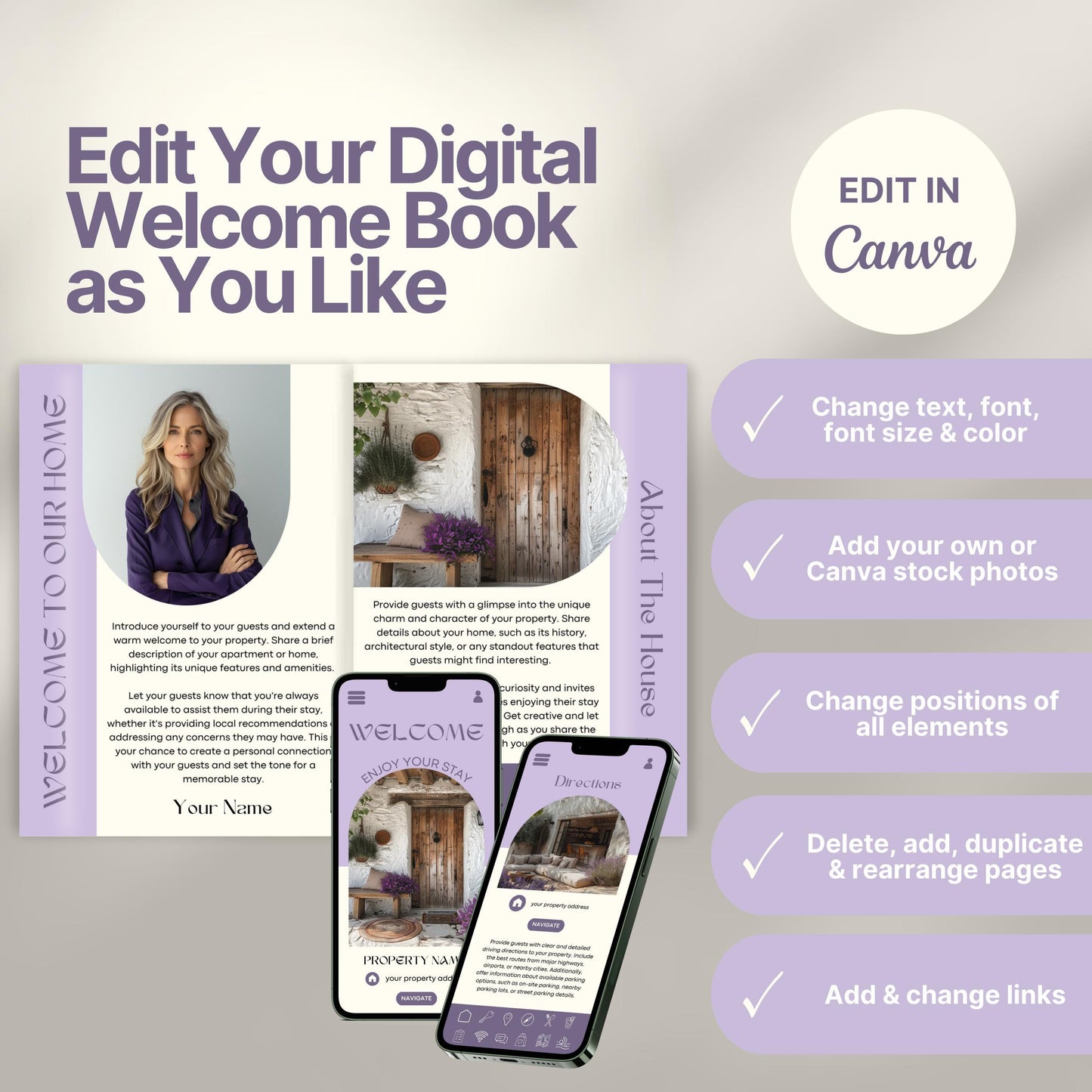 Editable Airbnb host welcome guide template, featuring welcome messages, house description, and host introduction. Includes checklist of customizable elements such as text, photos, layout, and links, all editable in Canva.