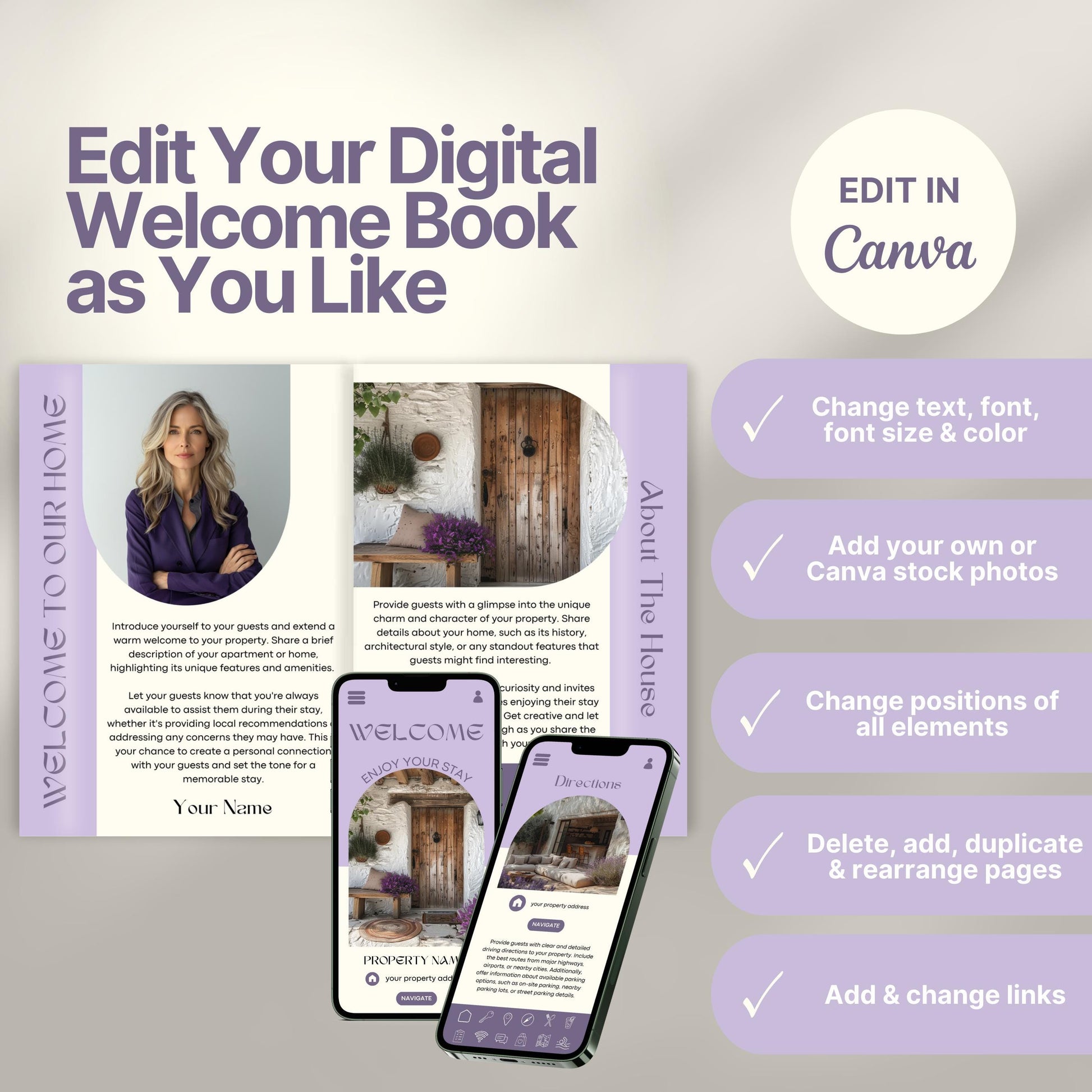 Editable Airbnb host welcome guide template, featuring welcome messages, house description, and host introduction. Includes checklist of customizable elements such as text, photos, layout, and links, all editable in Canva.
