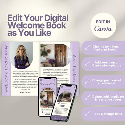Editable Airbnb host welcome guide template, featuring welcome messages, house description, and host introduction. Includes checklist of customizable elements such as text, photos, layout, and links, all editable in Canva.