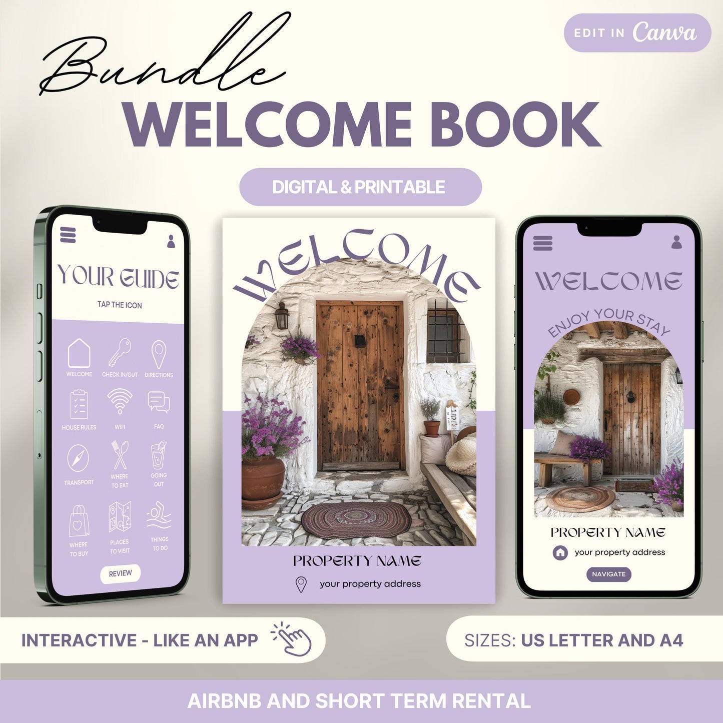 Promotional image for an "Airbnb Welcome Book Bundle" editable in Canva. A tablet and print view are shown for flexibility. The text highlights that the templates are available in US Letter and A4 sizes and include a bonus welcome sign. Ideal for Airbnb and short-term rental hosts.