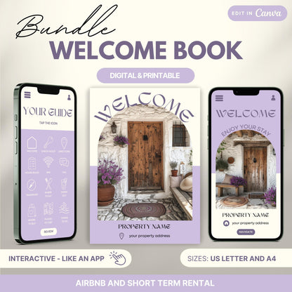 Promotional image for an "Airbnb Welcome Book Bundle" editable in Canva. A tablet and print view are shown for flexibility. The text highlights that the templates are available in US Letter and A4 sizes and include a bonus welcome sign. Ideal for Airbnb and short-term rental hosts.