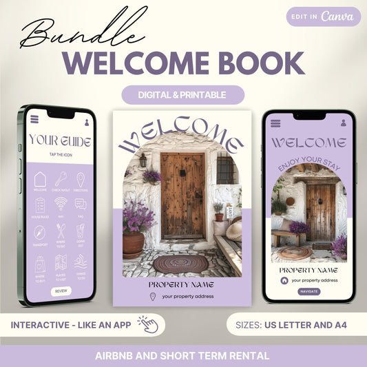 Promotional image for an "Airbnb Welcome Book Bundle" editable in Canva. A tablet and print view are shown for flexibility. The text highlights that the templates are available in US Letter and A4 sizes and include a bonus welcome sign. Ideal for Airbnb and short-term rental hosts.