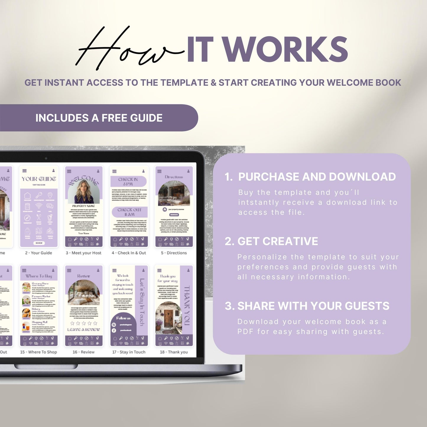 A promotional image explains how to use a digital Airbnb welcome book template. The text reads "How It Works" with a subheading, "Get instant access to the template & start creating your welcome book." A laptop displays thumbnails of different template pages. Three steps are highlighted in a peach-colored box: 1) Purchase and download, 2) Get creative by personalizing, and 3) Share with your guests as a PDF.