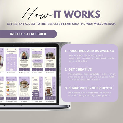 A promotional image explains how to use a digital Airbnb welcome book template. The text reads "How It Works" with a subheading, "Get instant access to the template & start creating your welcome book." A laptop displays thumbnails of different template pages. Three steps are highlighted in a peach-colored box: 1) Purchase and download, 2) Get creative by personalizing, and 3) Share with your guests as a PDF.