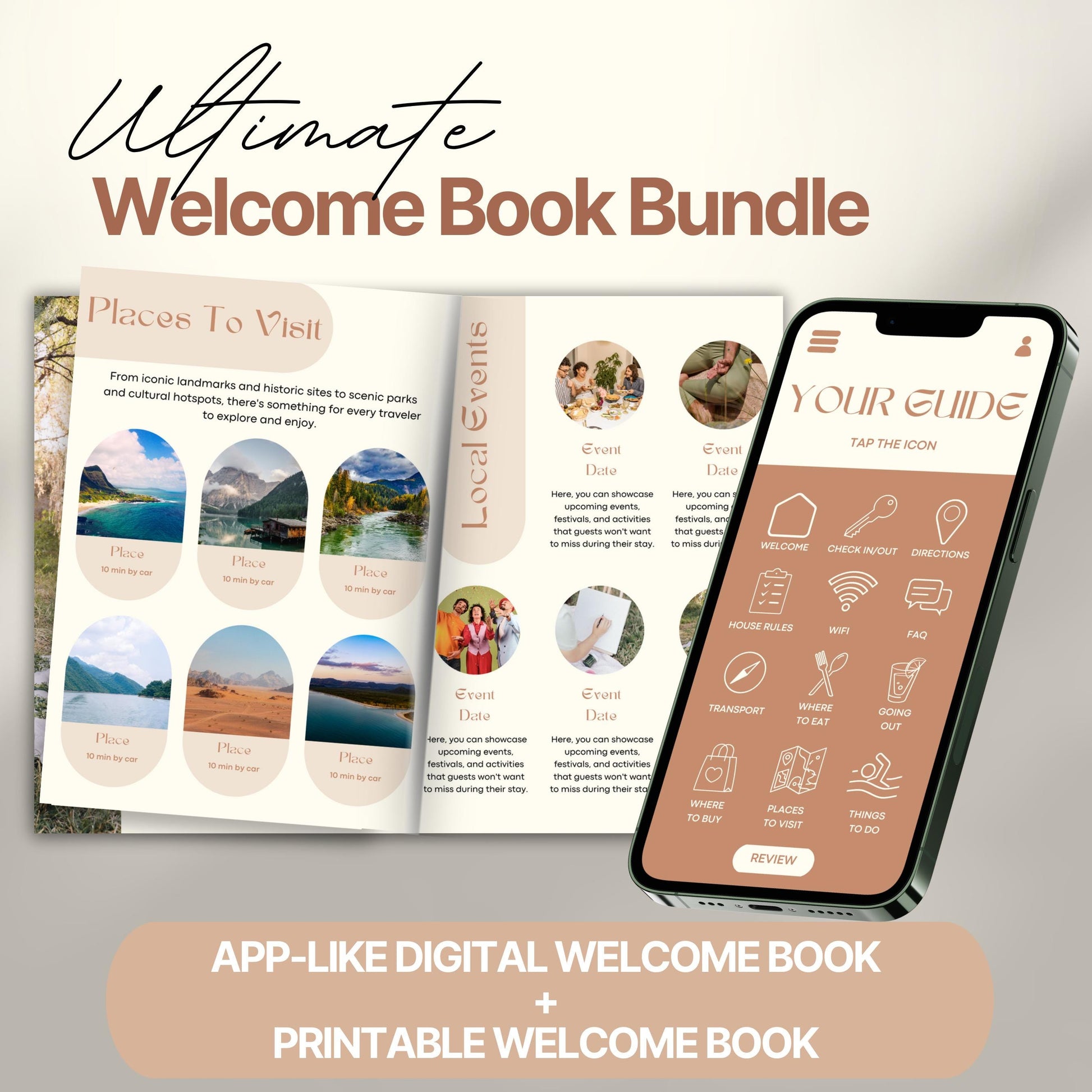 Promotional image for the “Ultimate Welcome Book Bundle.” The image displays an open printed welcome book featuring pages titled “Places To Visit” and “Local Events,” filled with scenic images and event descriptions.