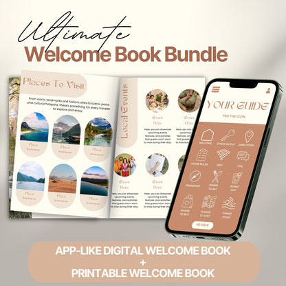 Promotional image for the “Ultimate Welcome Book Bundle.” The image displays an open printed welcome book featuring pages titled “Places To Visit” and “Local Events,” filled with scenic images and event descriptions.