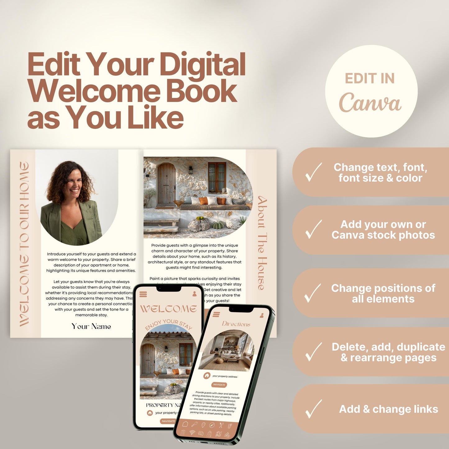 Editable Airbnb host welcome guide template, featuring welcome messages, house description, and host introduction. Includes checklist of customizable elements such as text, photos, layout, and links, all editable in Canva.