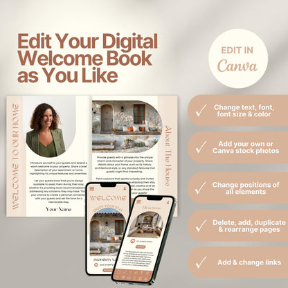 Editable Airbnb host welcome guide template, featuring welcome messages, house description, and host introduction. Includes checklist of customizable elements such as text, photos, layout, and links, all editable in Canva.