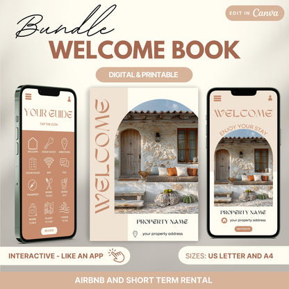 Promotional image for an "Airbnb Welcome Book Bundle" editable in Canva. A tablet and print view are shown for flexibility. The text highlights that the templates are available in US Letter and A4 sizes and include a bonus welcome sign. Ideal for Airbnb and short-term rental hosts.