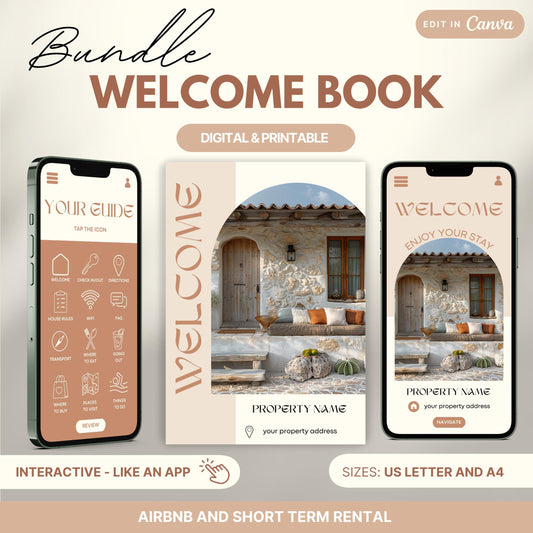 Promotional image for an "Airbnb Welcome Book Bundle" editable in Canva. A tablet and print view are shown for flexibility. The text highlights that the templates are available in US Letter and A4 sizes and include a bonus welcome sign. Ideal for Airbnb and short-term rental hosts.