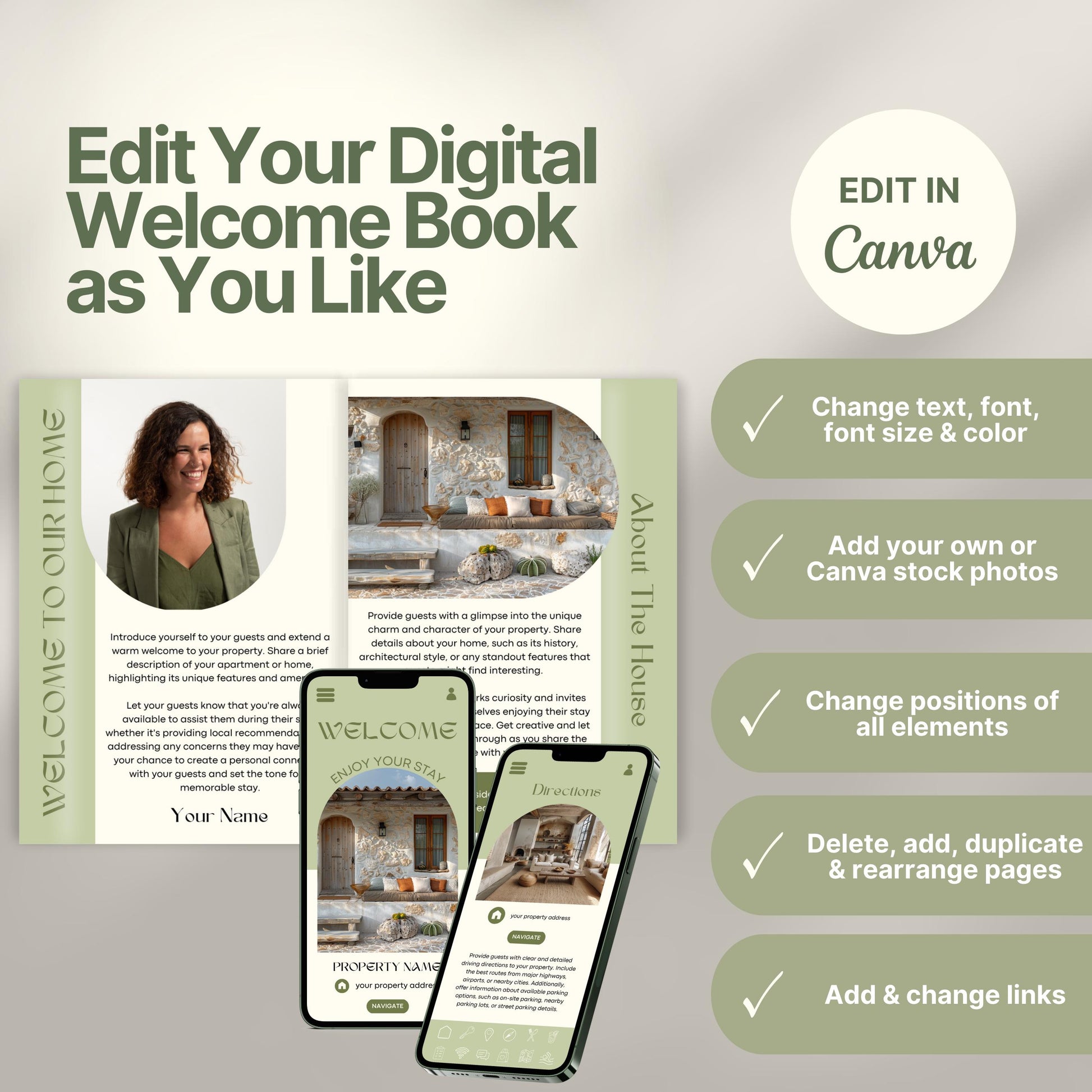 Editable Airbnb host welcome guide template, featuring welcome messages, house description, and host introduction. Includes checklist of customizable elements such as text, photos, layout, and links, all editable in Canva.