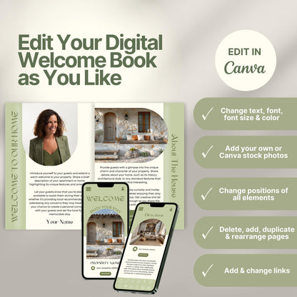 Editable Airbnb host welcome guide template, featuring welcome messages, house description, and host introduction. Includes checklist of customizable elements such as text, photos, layout, and links, all editable in Canva.