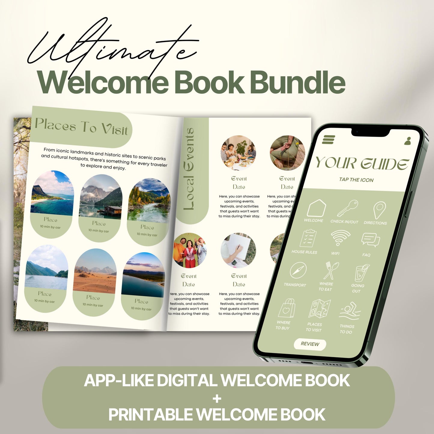 Promotional image for the “Ultimate Welcome Book Bundle.” The image displays an open printed welcome book featuring pages titled “Places To Visit” and “Local Events,” filled with scenic images and event descriptions.