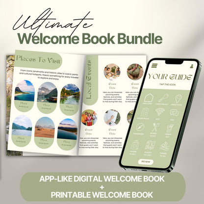 Promotional image for the “Ultimate Welcome Book Bundle.” The image displays an open printed welcome book featuring pages titled “Places To Visit” and “Local Events,” filled with scenic images and event descriptions.