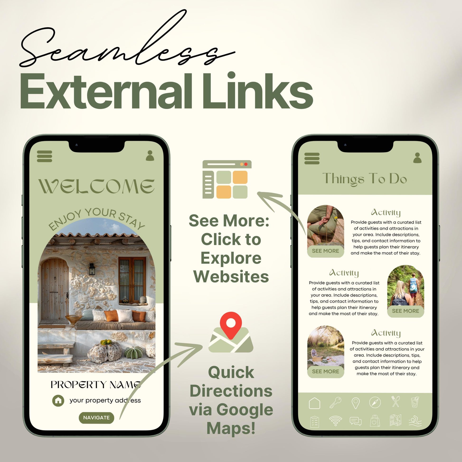 Arrows and icons highlight features like "See More: Click to Explore Websites" and "Quick Directions via Google Maps!" The design emphasizes seamless integration of external links for an interactive guest experience.