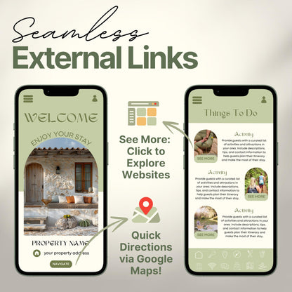 Arrows and icons highlight features like "See More: Click to Explore Websites" and "Quick Directions via Google Maps!" The design emphasizes seamless integration of external links for an interactive guest experience.