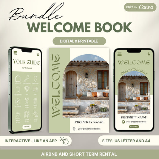 Promotional image for an "Airbnb Welcome Book Bundle" editable in Canva. A tablet and print view are shown for flexibility. The text highlights that the templates are available in US Letter and A4 sizes and include a bonus welcome sign. Ideal for Airbnb and short-term rental hosts.
