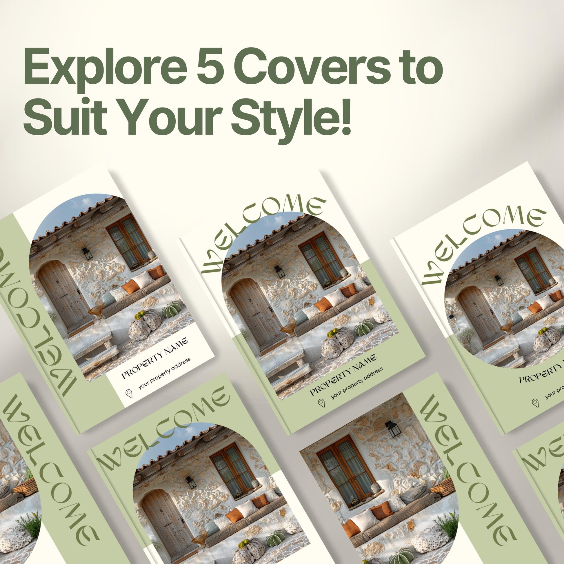 Graphic promoting customizable Airbnb Welcome Book covers with the headline “Explore 5 Covers to Suit Your Style!”