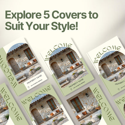 Graphic promoting customizable Airbnb Welcome Book covers with the headline “Explore 5 Covers to Suit Your Style!”