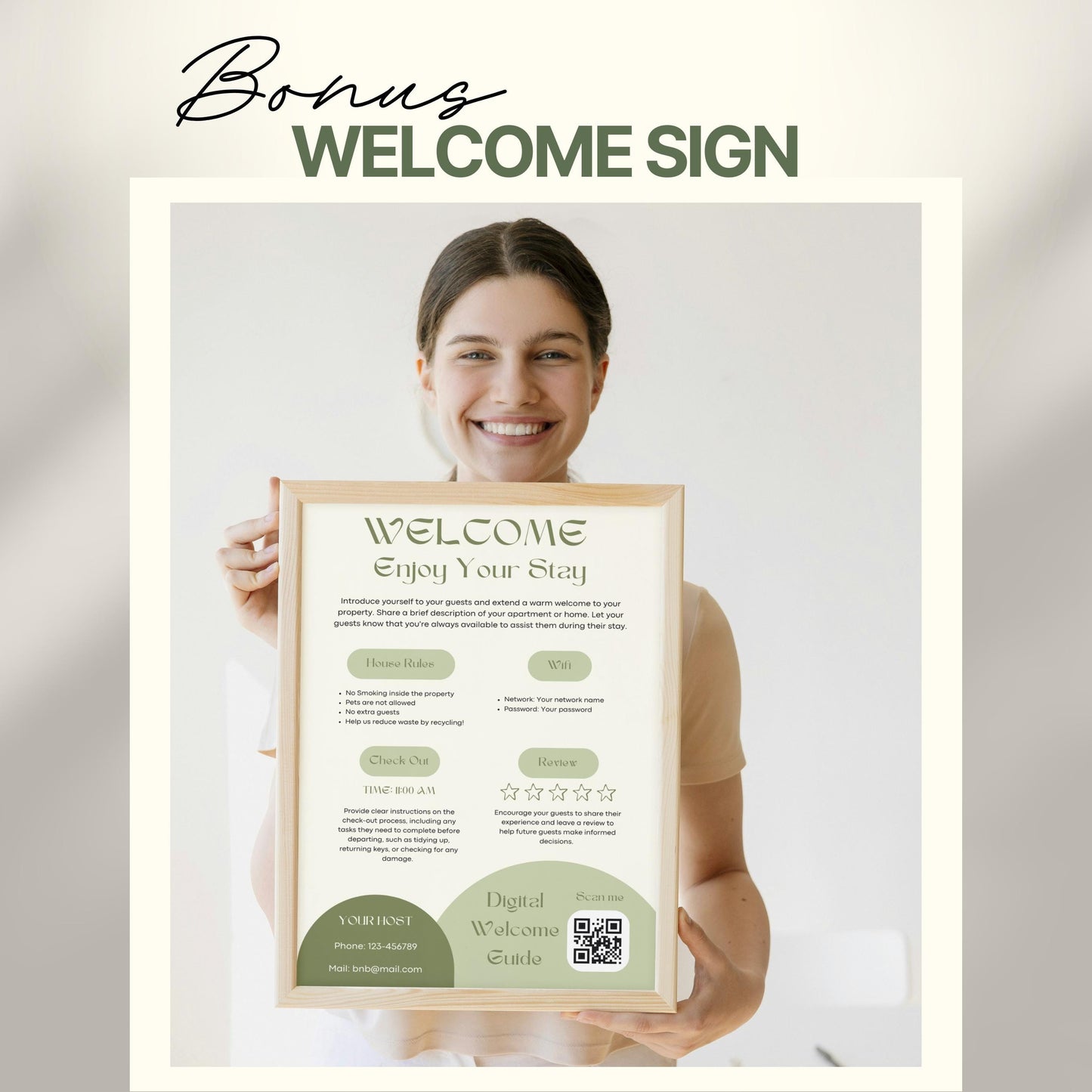 A smiling woman holds a framed "Welcome" sign designed for Airbnb or short-term rental guests. The sign includes sections for house rules, WiFi details, check-out time, review encouragement, and host contact information.