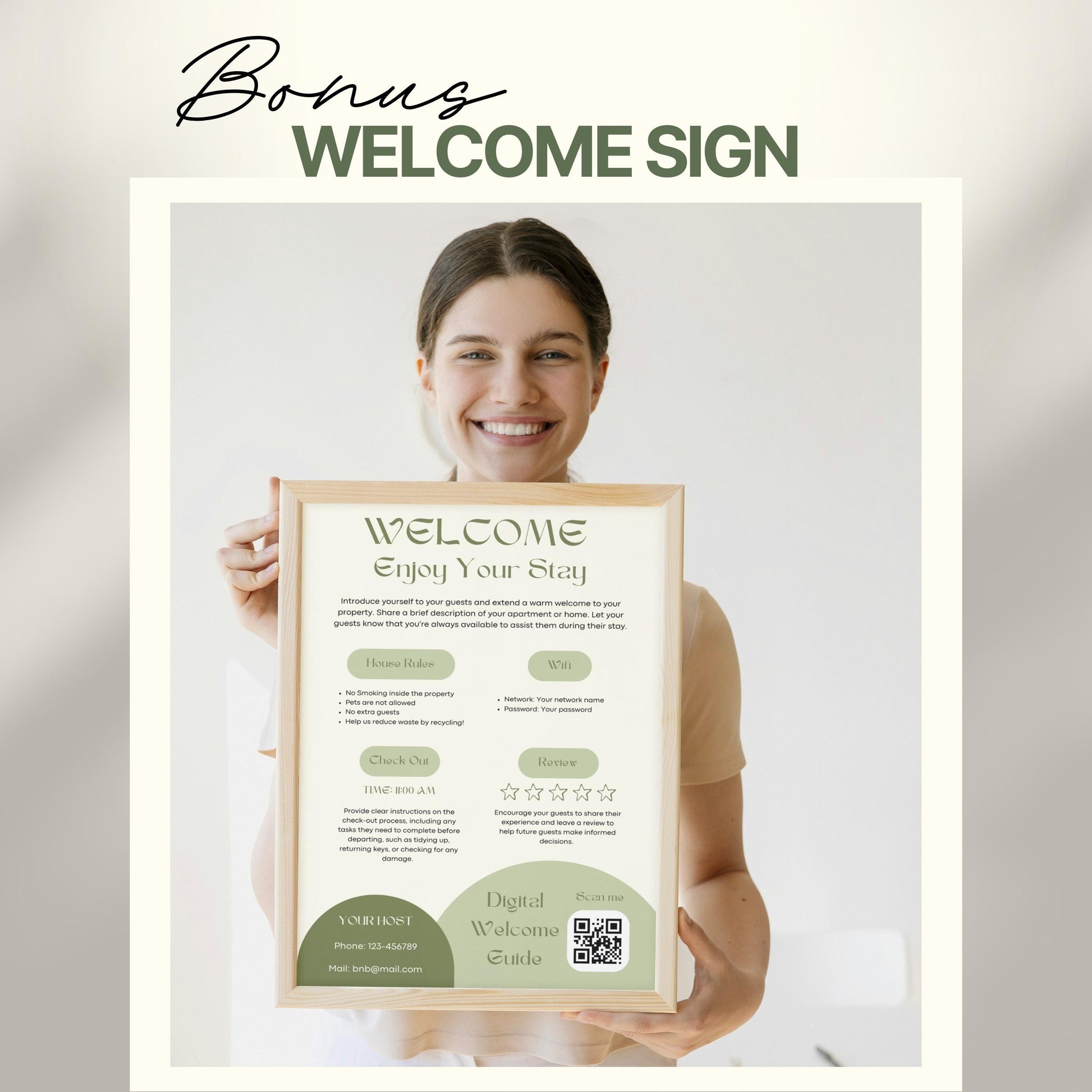 A smiling woman holds a framed "Welcome" sign designed for Airbnb or short-term rental guests. The sign includes sections for house rules, WiFi details, check-out time, review encouragement, and host contact information.