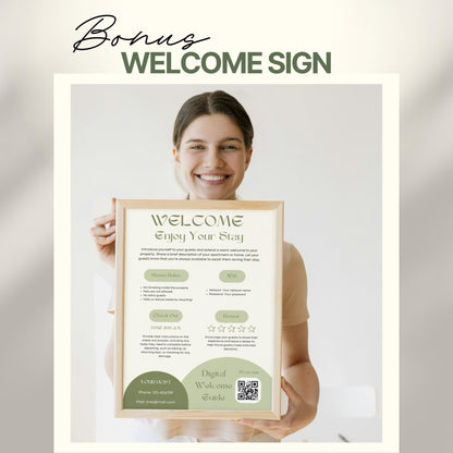 A smiling woman holds a framed "Welcome" sign designed for Airbnb or short-term rental guests. The sign includes sections for house rules, WiFi details, check-out time, review encouragement, and host contact information.