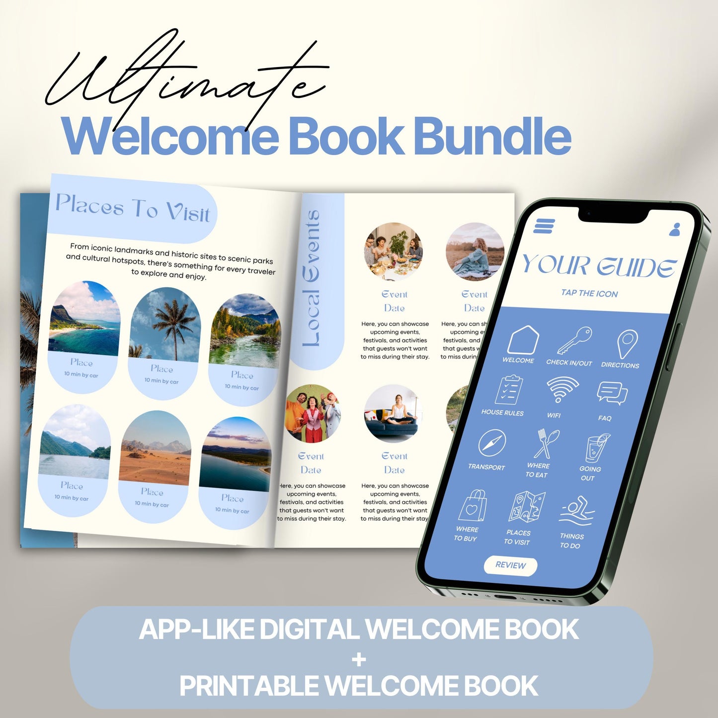 Promotional image for the “Ultimate Welcome Book Bundle.” The image displays an open printed welcome book featuring pages titled “Places To Visit” and “Local Events,” filled with scenic images and event descriptions.
