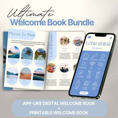 Promotional image for the “Ultimate Welcome Book Bundle.” The image displays an open printed welcome book featuring pages titled “Places To Visit” and “Local Events,” filled with scenic images and event descriptions.