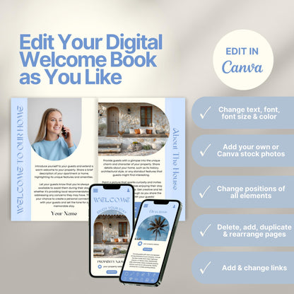 Editable Airbnb host welcome guide template, featuring welcome messages, house description, and host introduction. Includes checklist of customizable elements such as text, photos, layout, and links, all editable in Canva.