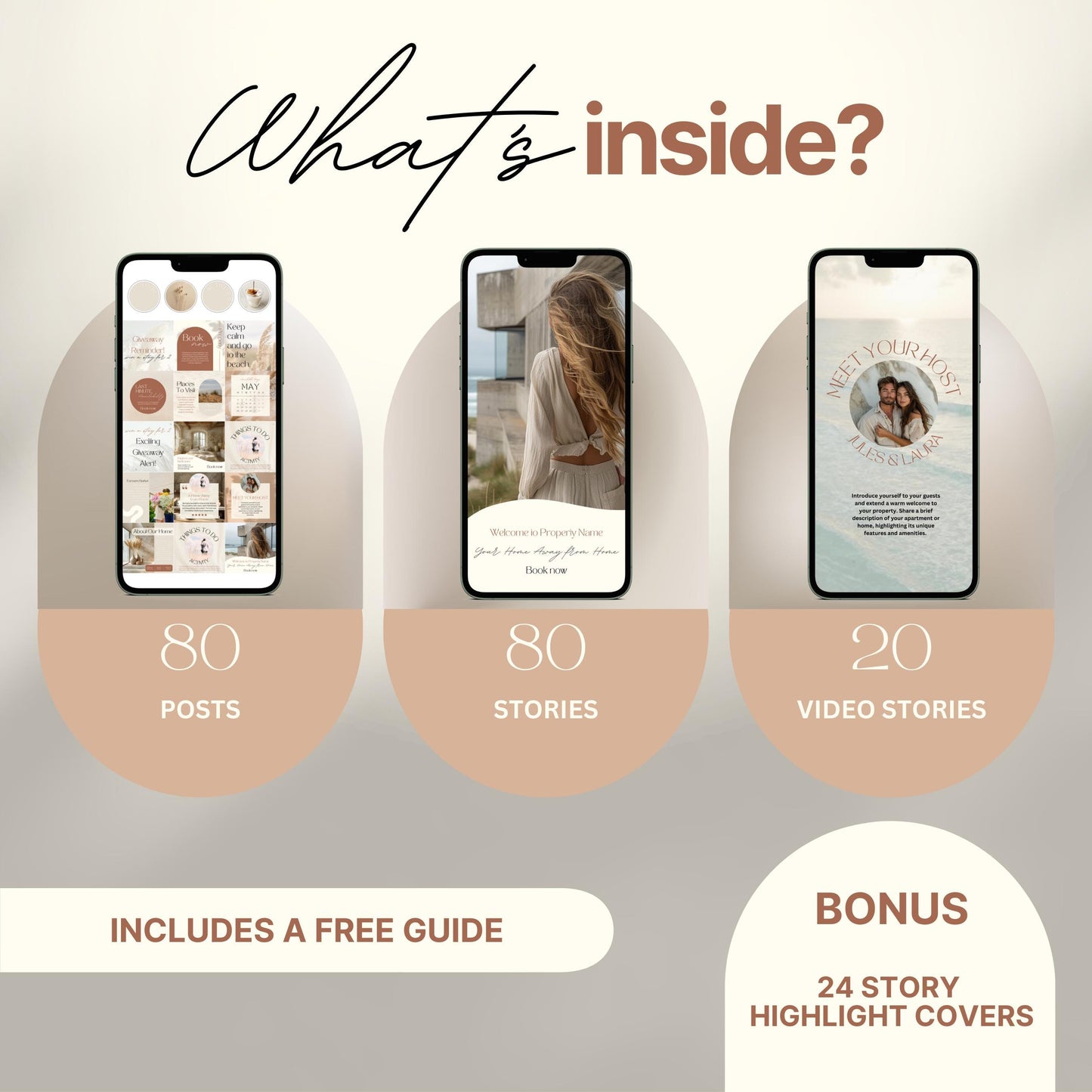 Overview graphic showing what's included in an Instagram bundle: 80 posts, 80 stories, 20 video stories, and a bonus of 24 story highlight covers, with a note that a free guide is included.