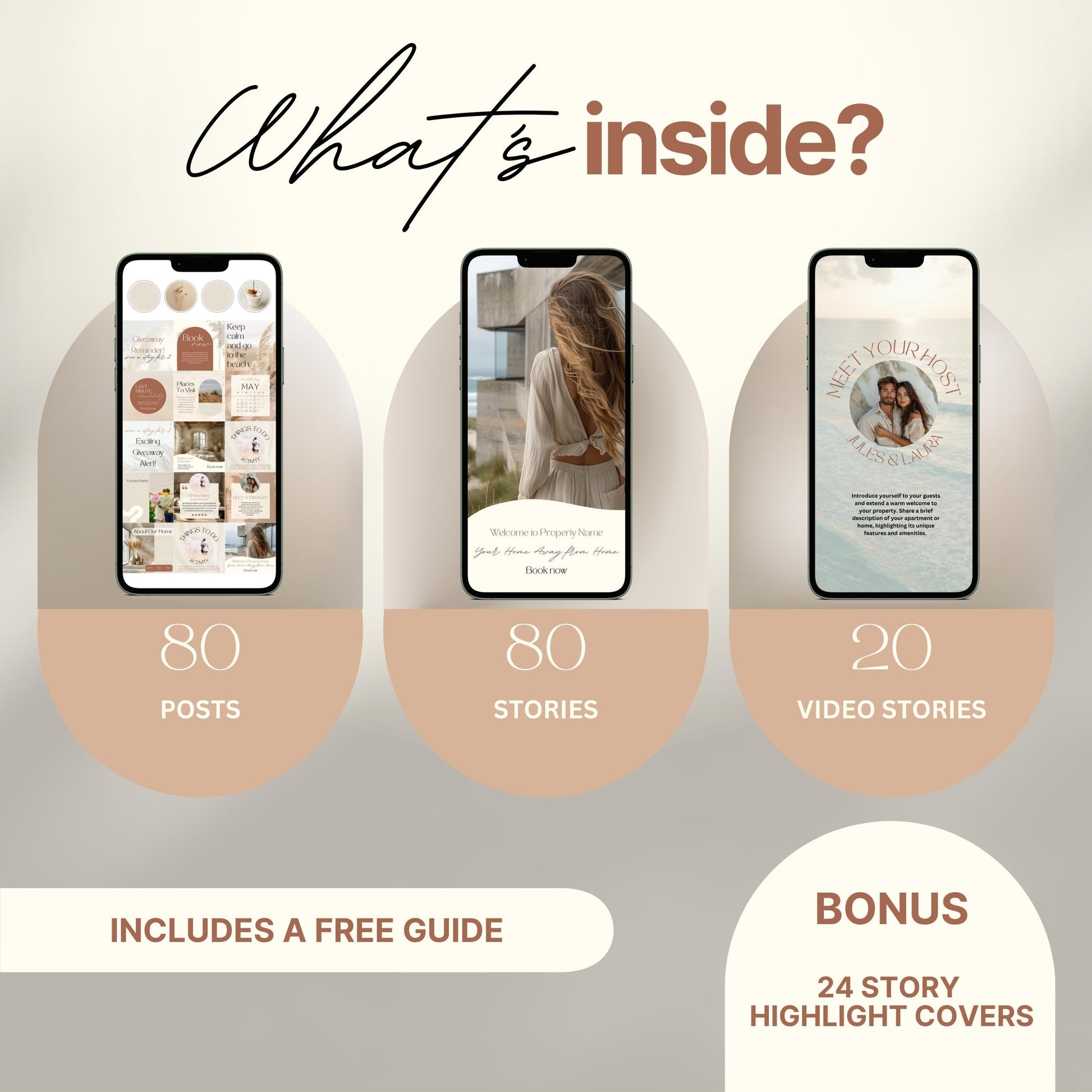 Overview graphic showing what's included in an Instagram bundle: 80 posts, 80 stories, 20 video stories, and a bonus of 24 story highlight covers, with a note that a free guide is included.