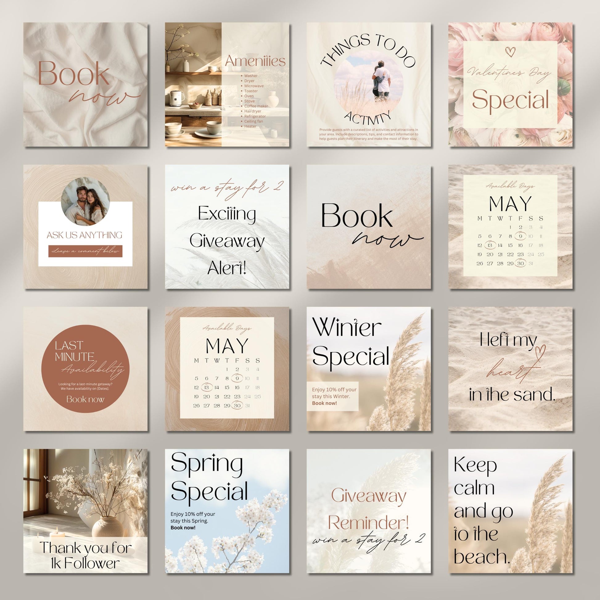 Grid of Instagram post templates for Airbnb hosts.