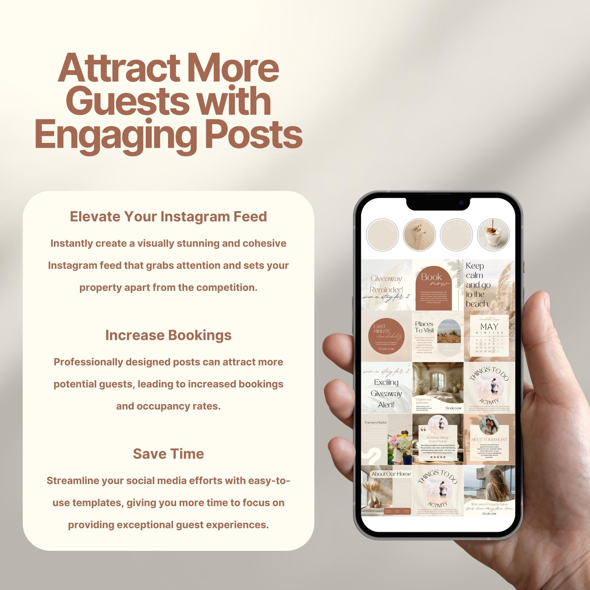 Promotional graphic showing a hand holding a phone with Airbnb Instagram templates, accompanied by text outlining benefits: elevate your feed, increase bookings, and save time with professionally designed posts.