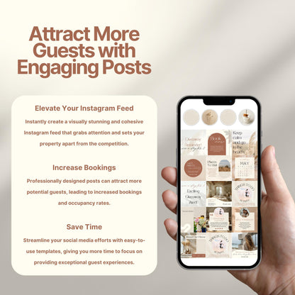 Promotional graphic showing a hand holding a phone with Airbnb Instagram templates, accompanied by text outlining benefits: elevate your feed, increase bookings, and save time with professionally designed posts.