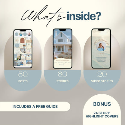 Overview graphic showing what's included in an Instagram bundle: 80 posts, 80 stories, 20 video stories, and a bonus of 24 story highlight covers, with a note that a free guide is included.