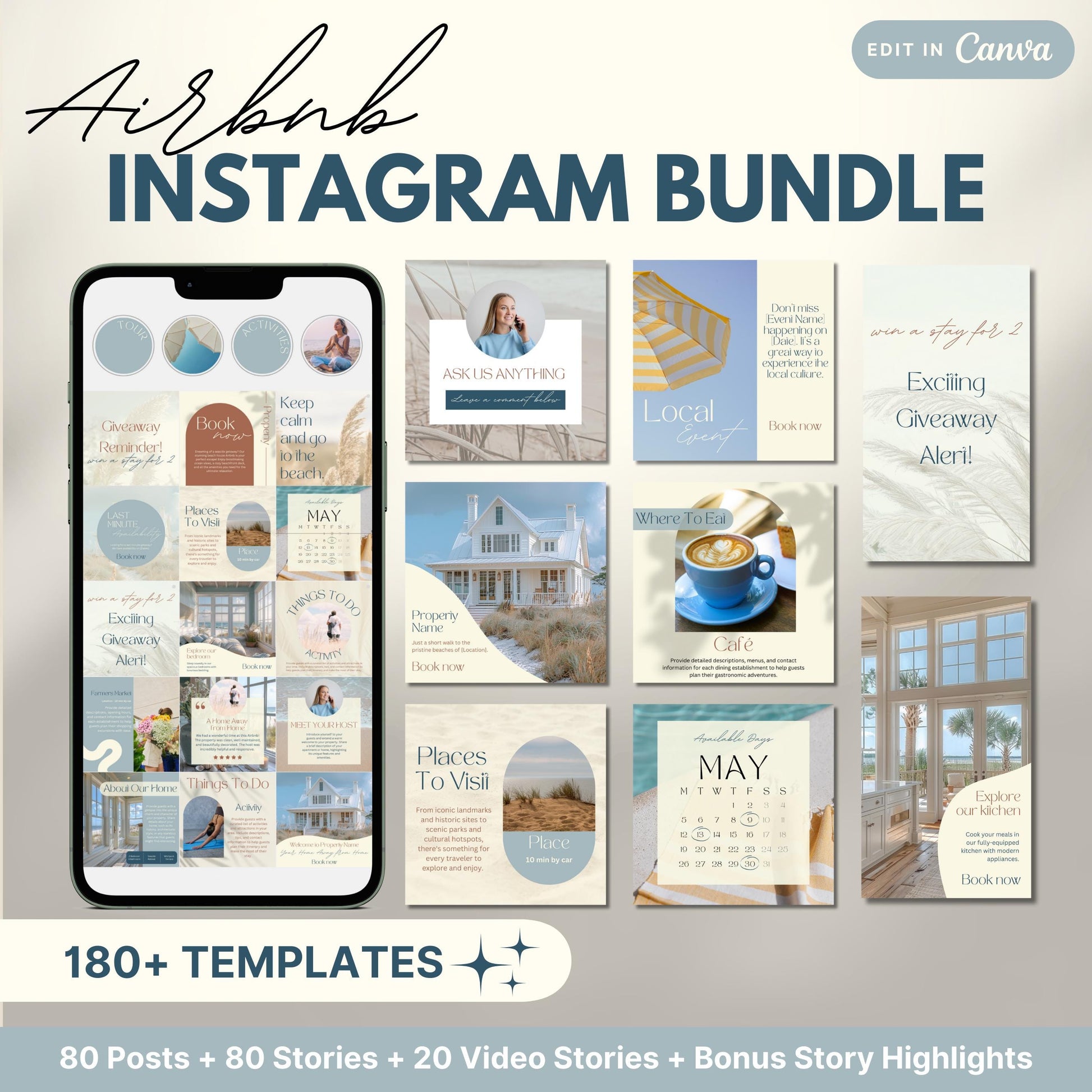 Airbnb Instagram Bundle promotional image showing a phone mockup and various Canva templates for posts, stories, and video content, labeled with '180+ Templates' and '80 Posts + 80 Stories + 20 Video Stories + Bonus Story Highlights