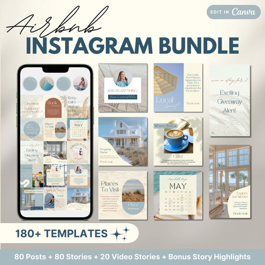 Airbnb Instagram Bundle promotional image showing a phone mockup and various Canva templates for posts, stories, and video content, labeled with '180+ Templates' and '80 Posts + 80 Stories + 20 Video Stories + Bonus Story Highlights