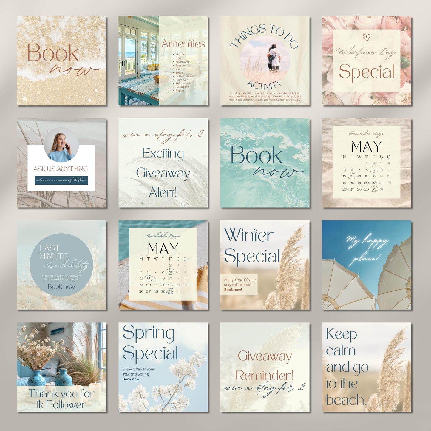 Grid of Instagram post templates for Airbnb hosts.