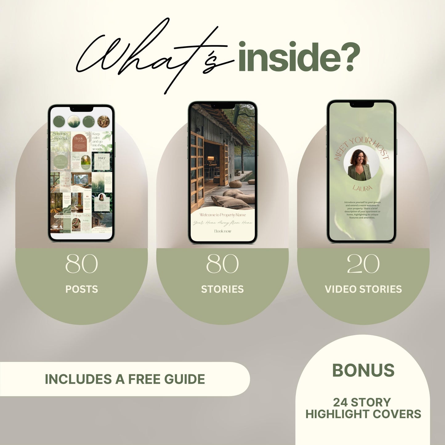 Overview graphic showing what's included in an Instagram bundle: 80 posts, 80 stories, 20 video stories, and a bonus of 24 story highlight covers, with a note that a free guide is included.