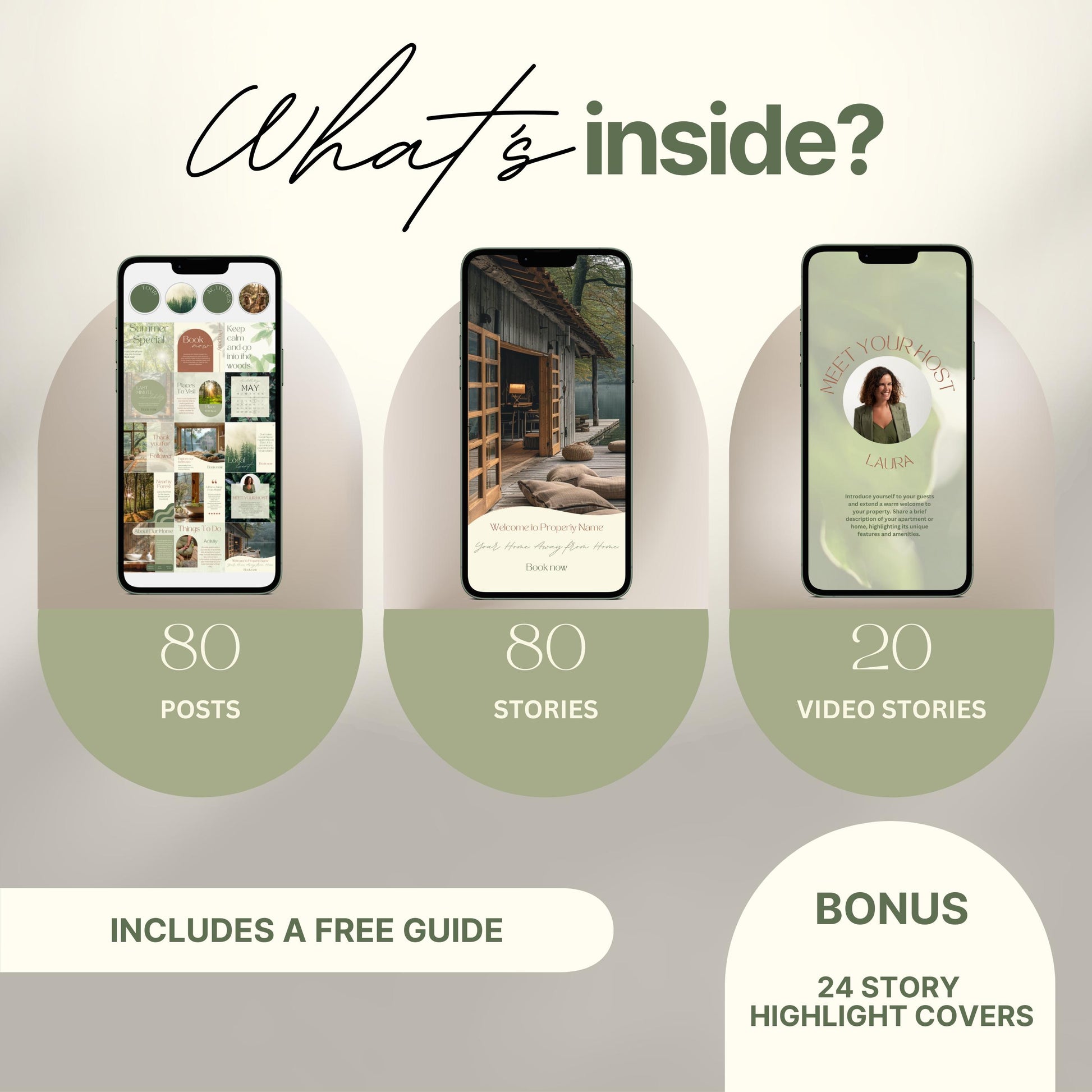 Overview graphic showing what's included in an Instagram bundle: 80 posts, 80 stories, 20 video stories, and a bonus of 24 story highlight covers, with a note that a free guide is included.