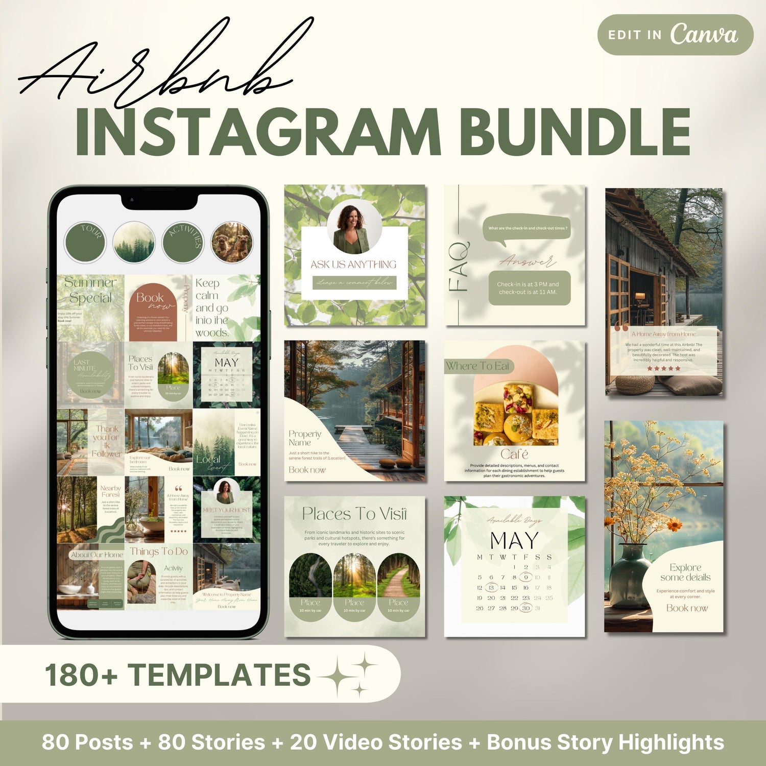Airbnb Instagram Bundle promotional image showing a phone mockup and various Canva templates for posts, stories, and video content, labeled with '180+ Templates' and '80 Posts + 80 Stories + 20 Video Stories + Bonus Story Highlights'