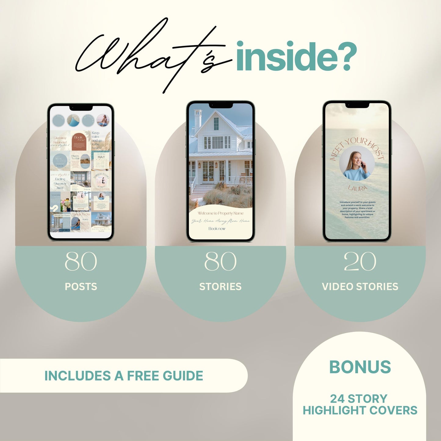 Overview graphic showing what's included in an Instagram bundle: 80 posts, 80 stories, 20 video stories, and a bonus of 24 story highlight covers, with a note that a free guide is included.