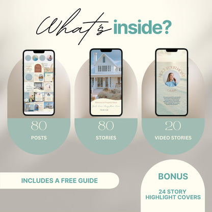 Overview graphic showing what's included in an Instagram bundle: 80 posts, 80 stories, 20 video stories, and a bonus of 24 story highlight covers, with a note that a free guide is included.