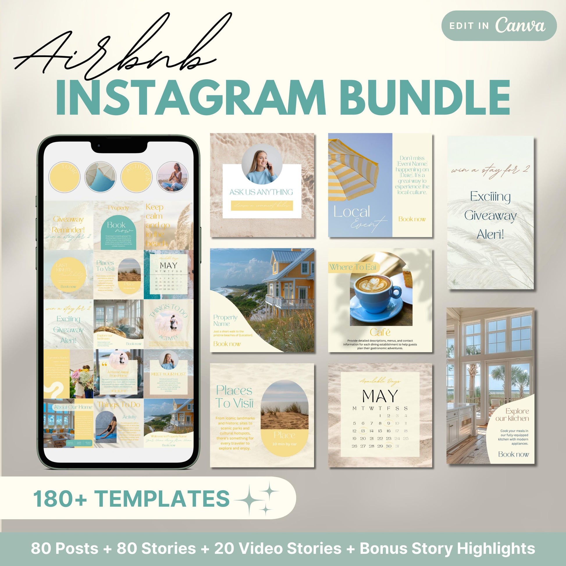 Airbnb Instagram Bundle promotional image showing a phone mockup and various Canva templates for posts, stories, and video content, labeled with '180+ Templates' and '80 Posts + 80 Stories + 20 Video Stories + Bonus Story Highlights'