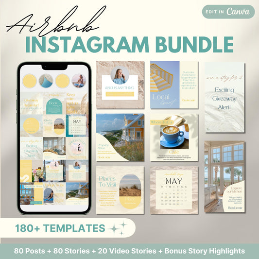 Airbnb Instagram Bundle promotional image showing a phone mockup and various Canva templates for posts, stories, and video content, labeled with '180+ Templates' and '80 Posts + 80 Stories + 20 Video Stories + Bonus Story Highlights'